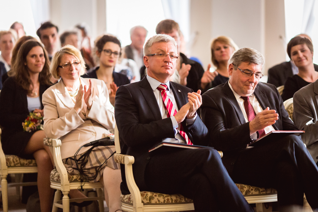 Alina Kurczewska - Wiceprezes Towarzystwa Muzycznego im. H. Wieniawskiego, Prezydent Poznania Jacek Jaśkowiak, Przewodniczący Rady Miasta Poznania Grzegorz Ganowicz. Ceremonia wręczenia nagród (14.05.2016)